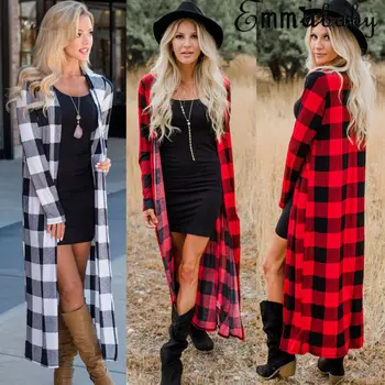 

Ladies Women's Casual Full Length Boyfriend Cover Up Long Plaid Cardigan Plaided Long Sleeves Open Front Coats Clothes
