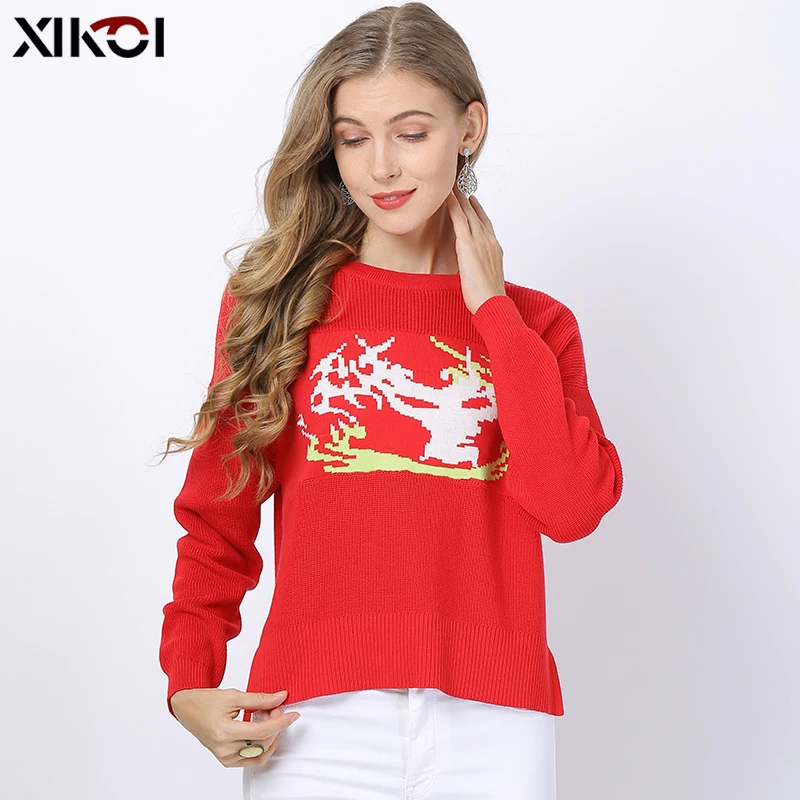 

XIKOI Christmas Deer Print Jumper Crop Knitted Sweaters Women Pullover Tops Winter Pull Femme Girl Warm Brief Sweaters Clothing