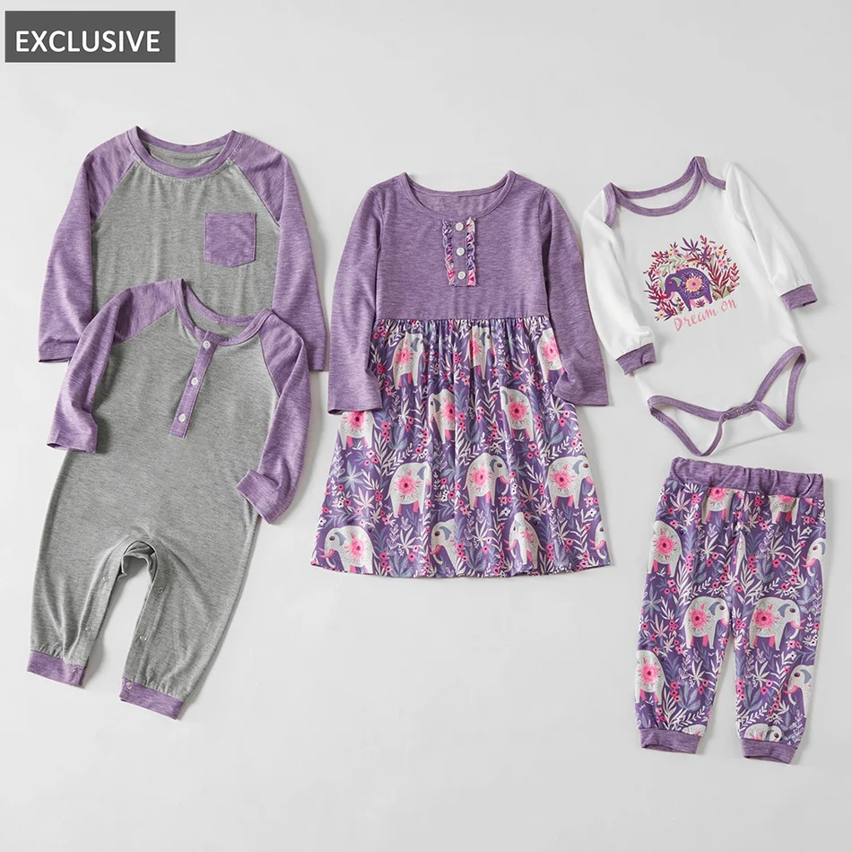 Одинаковые комплекты для семьи с мозаикой; футболка с цветным блоком; платья с принтом слона; комплект с комбинезоном для девочек и мальчиков