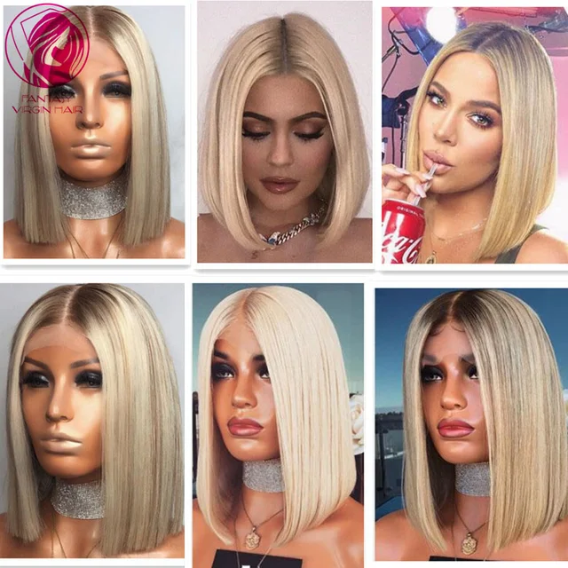 $US $50.16 Straight Bob Lace Front Wig Ombre Platinum Blonde Ash Highlights 613 Grey Virgin Hair Human Hair FRontal Wig Lace Part 13x1 150%