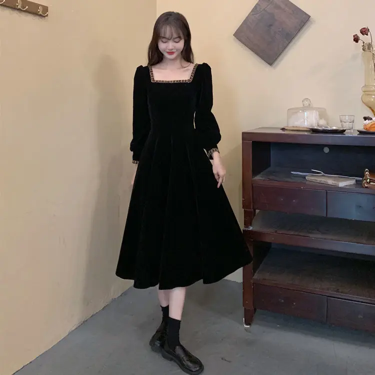 Long Sleeve Dress Women Solid Square Collar Lady Elegant All-match Fashion Design Spring New Mid-calf Daily Casual Korean Style dress shops