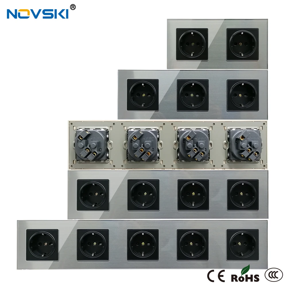 Gun Black Glass Panel Power Socket Quintuple Outlet German Plug Grounded, 16A EU Standard Electrical Socket, 15 Years Warranty