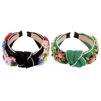 

Palace Wide Headband Colorful Faux Crystal Flower Beaded Knot Velvet Hair Hoop 40JF