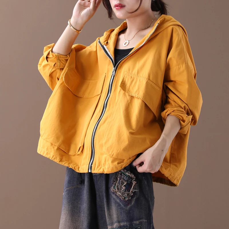 

[EWQ] 2019 Spring Summer New Pattern Hooded Collar Long Sleeve Solid Patchwork Zipper Vintage Loose Coat Women AH09407