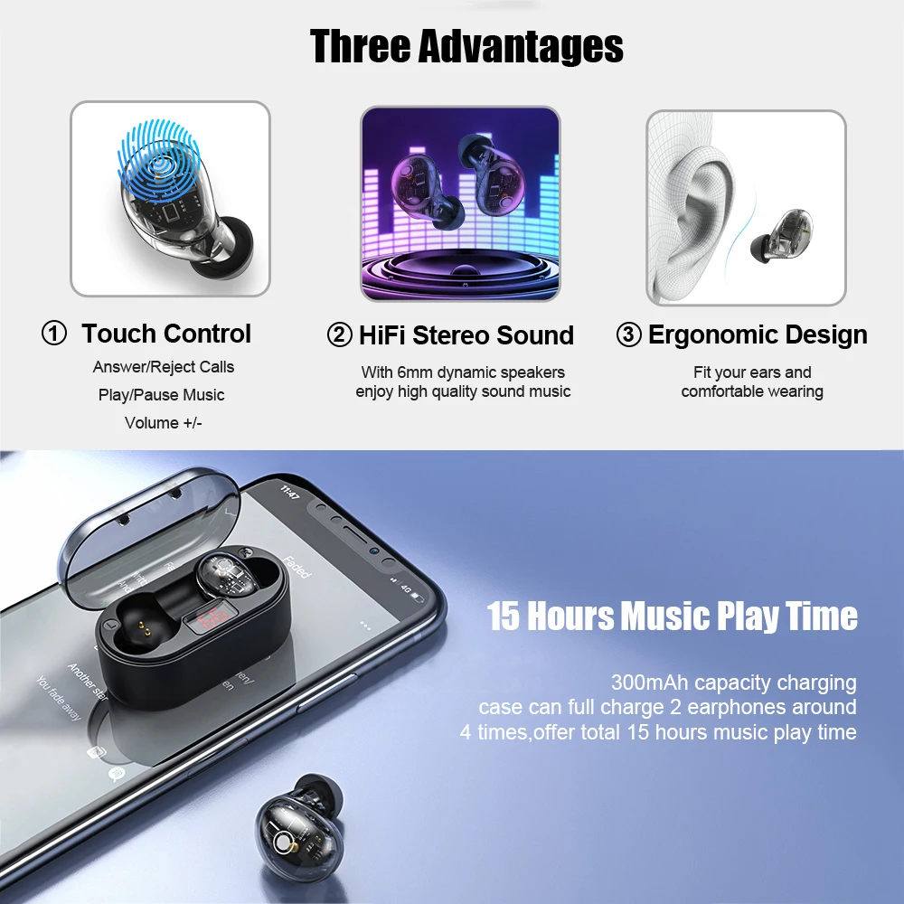TWS X7 Bluetooth наушники 5,0 с сенсорным управлением настоящие беспроводные наушники водонепроницаемые Hifi Стерео шумоподавление наушники с микрофоном