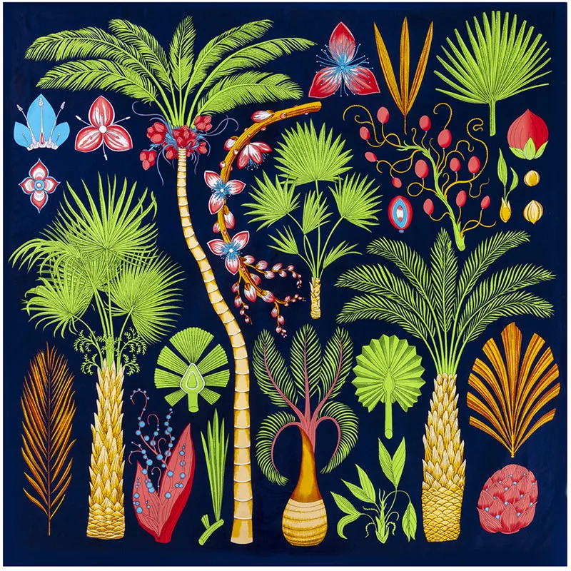 

130cm*130cm Palm Iron Tree Print Twill Silk Large Square Scarf For Womens Luxury Design Shawl Finest Material Distinctive Scarf