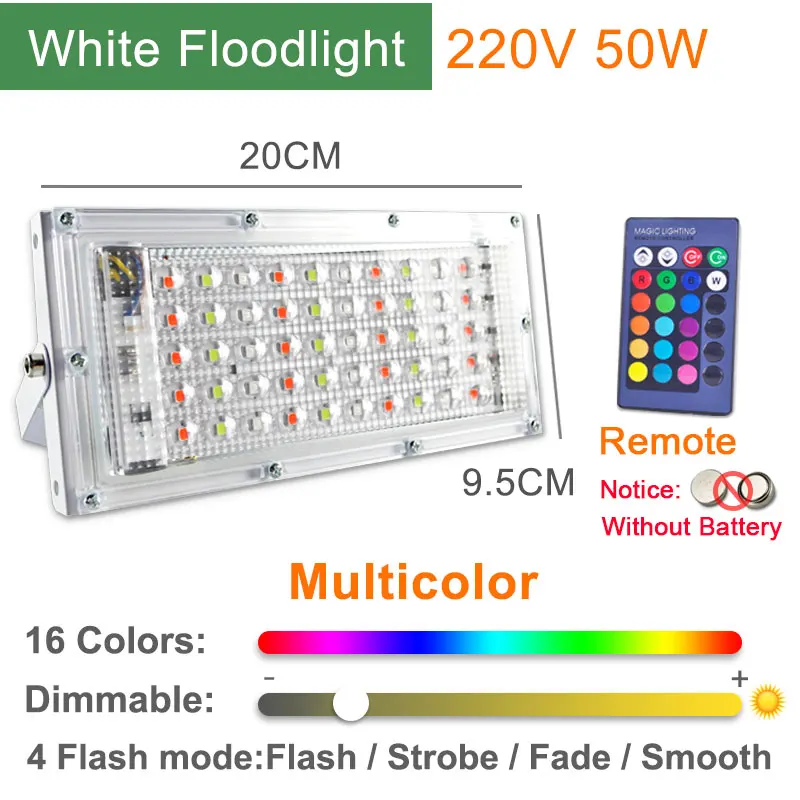 Светодиодный прожектор светильник 50 Вт Светодиодный прожектор светильник 220V 240V уличного фонаря IP65 Водонепроницаемый садовый светильник квадратный светильник ing отражатель Светодиодный точечный светильник - Испускаемый цвет: White RGB Remote