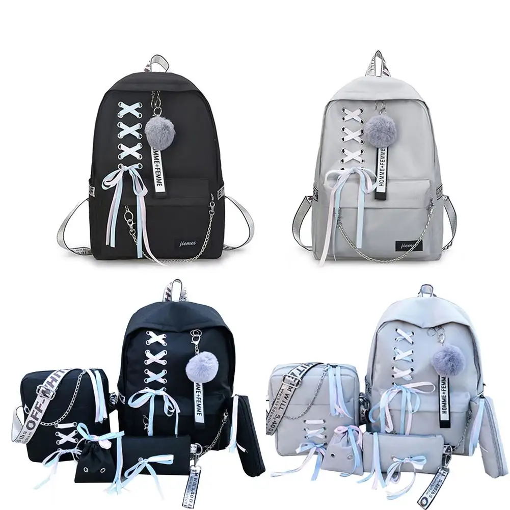 

Korean Version Of The College Wind Backpack Chain Bow Female Student Bag Fashion Simple Casual Backpack Set
