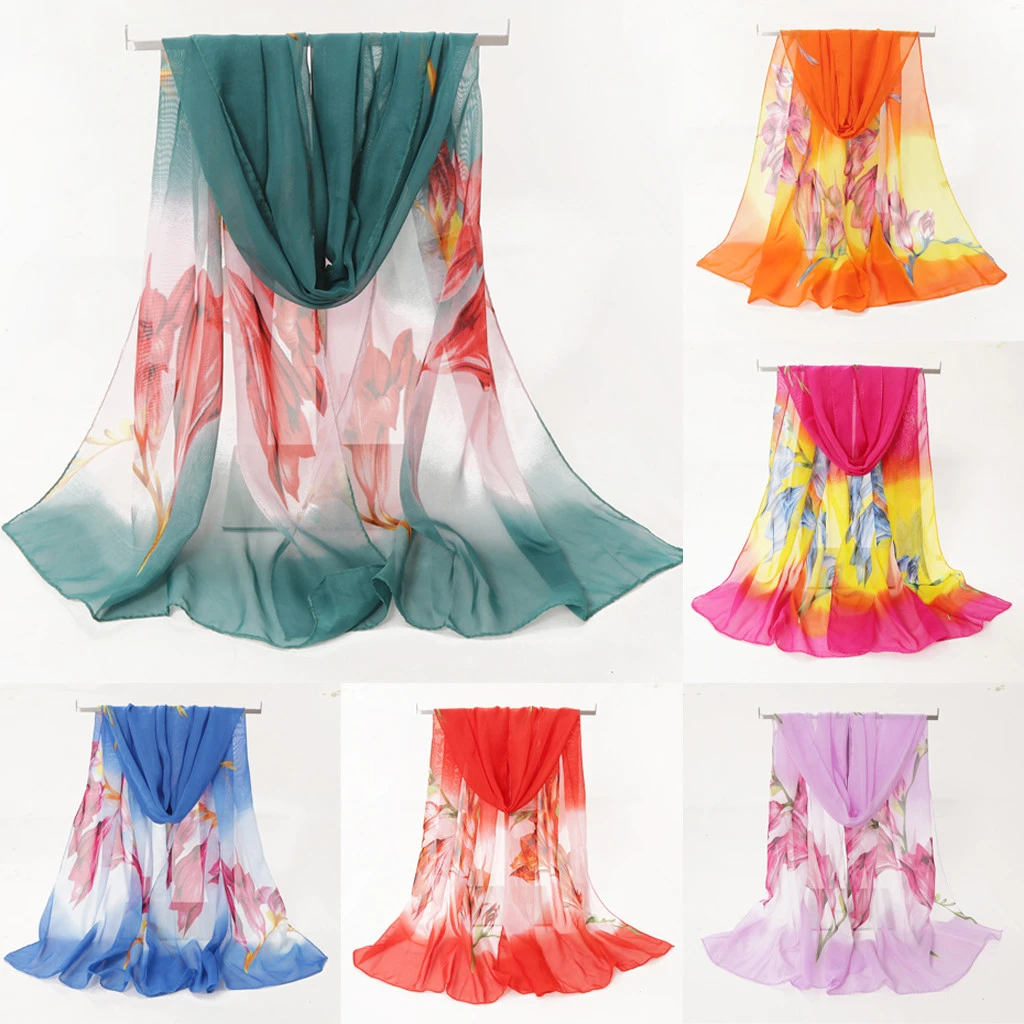 Fashion Silk Chiffon Scarves Women Wrap Sunscreen Beach Cover Up Long Hijab Print Flowers Shawl Summer Polyester Cape Femal 919