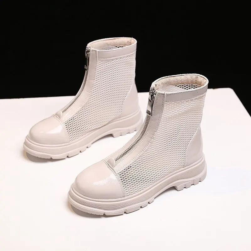 2020 Fashion Breathable Mesh Women's Boots Summer Female Zipper Hollow Sandals Classic White and Black Ankle Boots