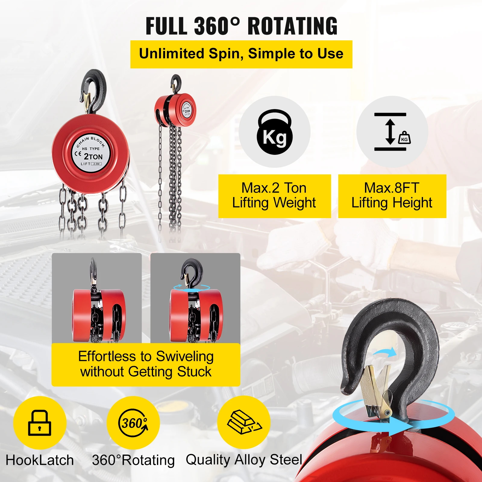 SucceBuy Chain Hoist Chain Block 1/2/3Ton 2200/4400/6600 LBS Capacity 8/15 Feet Lifting Height Steel Construction manual chain hoist