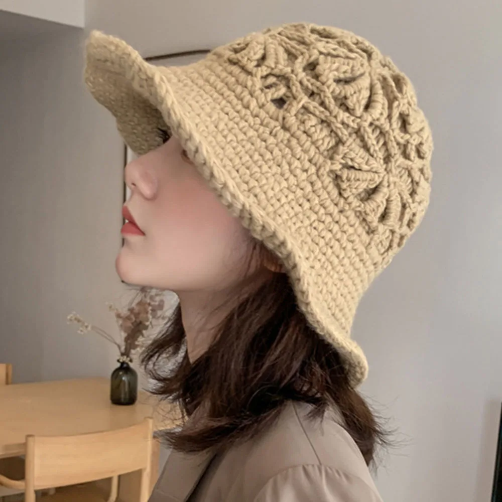 Women Fisherman Hat Hand-knitted Warm Knit Bucket Hats Autumn Japanese Flowers Hollow Out Chic Korean Fashion Outdoor Girl