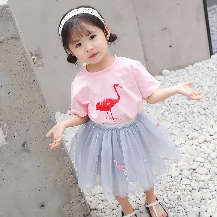 

2019 Spring Summer New Products Set Girls' Short Sleeve Shirt + Mesh Skirt Sweet Two-Piece Set Children Set