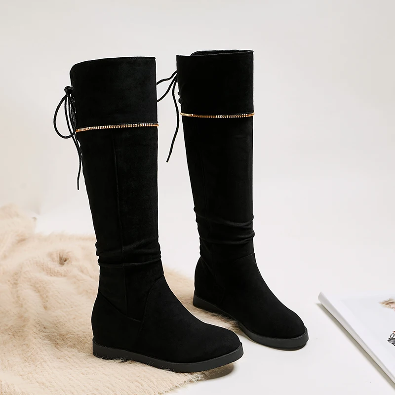 black PQECFS/большой размер 30-43, высококачественные Зимние Модные Женские однотонные сапоги для верховой езды до колена на низком квадратном каблуке со шнуровкой 2 цвета - Цвет: black