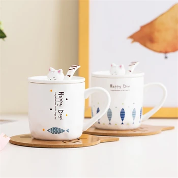 

350ML Ceramic mug with lid with spoon cartoon couple cup coffee cup tea cup milk cup cereal cup fun cat fish cup
