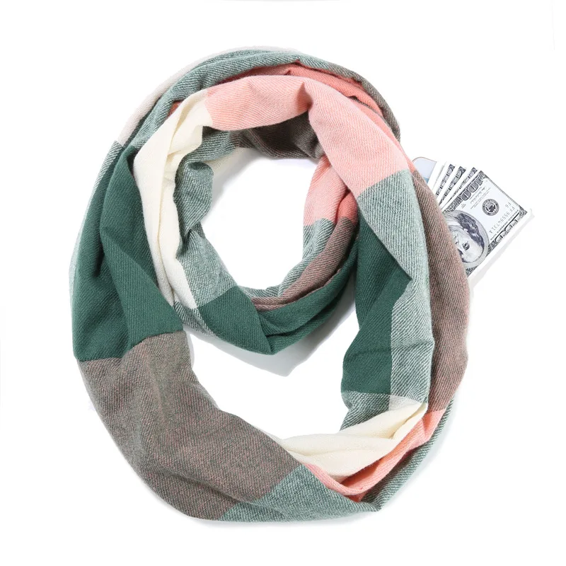 

High quality Cashmere Plaid Ring Scarf With pocket Convert Journey Women Wrap With Hidden Zipper Pocket Infinity Travel Scarf