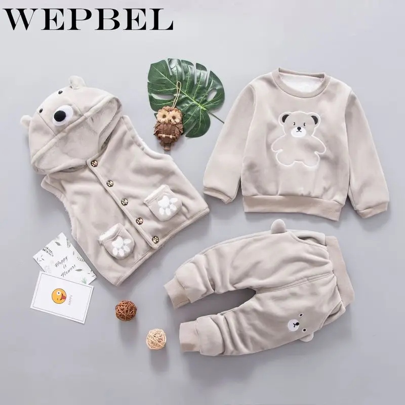 WEPBEL/осенне-зимний комплект одежды для маленьких девочек и мальчиков; детская одежда; детский утепленный жилет с капюшоном; свитер; брюки; спортивные костюмы из 3 предметов