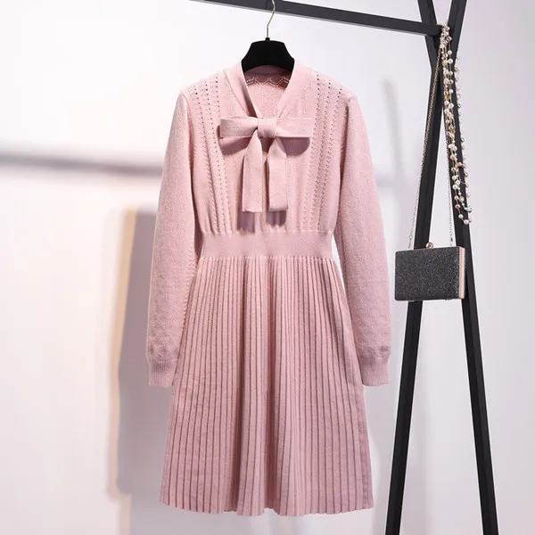 Autumn Women Pink Bow Tie Collar Sweater Dresses Plus Size Mini Knitted Dress Female Pullover Pleated Dress Vestidos 3XL - Color: Pink