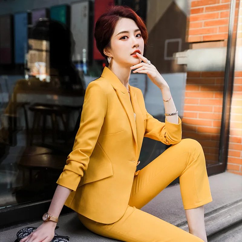 

IZICFLY Autumn Spring New Yellow suit female blazers with Trouser Uniform Business office work wear jaket and pant two peice set