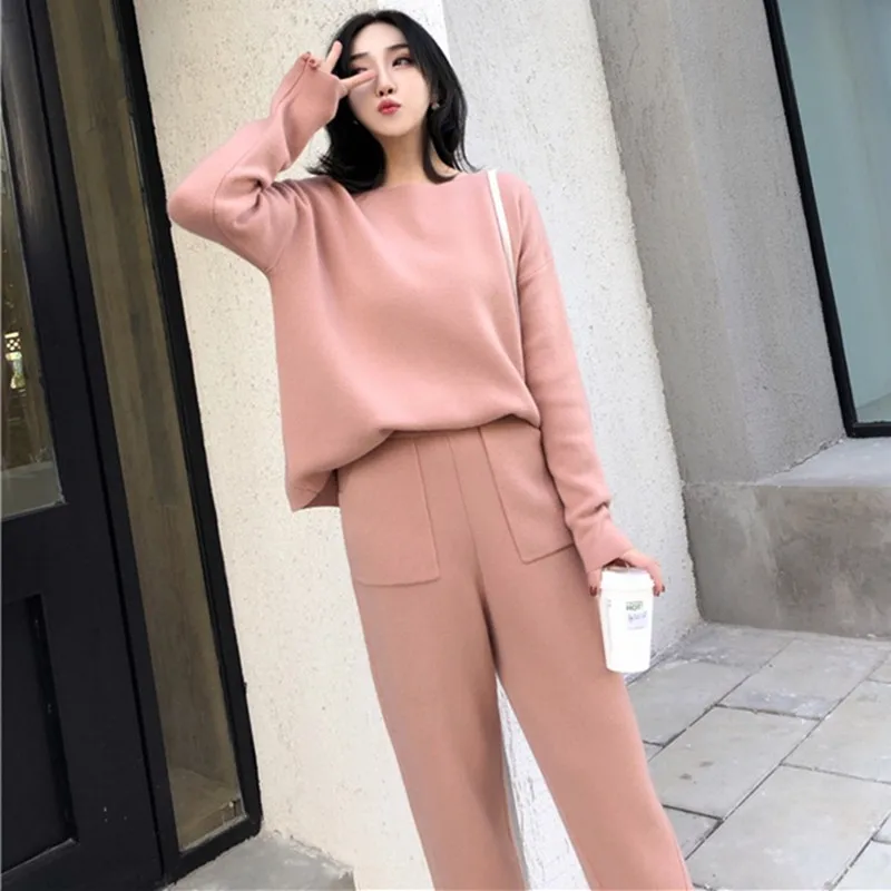 Autumn Winter Knitted Sweatshirts Tracksuit Women Cashmere Clothing 2 Piece Set Thick Warm O-neck Sweater+Ankle-Length Pant Suit