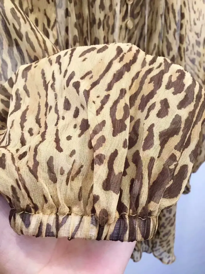 10.6 Autumn new Silk Leopard Bow Tie lantern Sleeve Single-breasted Women's Mini Dress Matching Belt