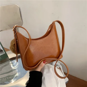 

Fashion Women Bags Small Solid Color PU Leather Armpit Bag For Women Luxury Simple Hairball Shoulder Handbags Female Travel