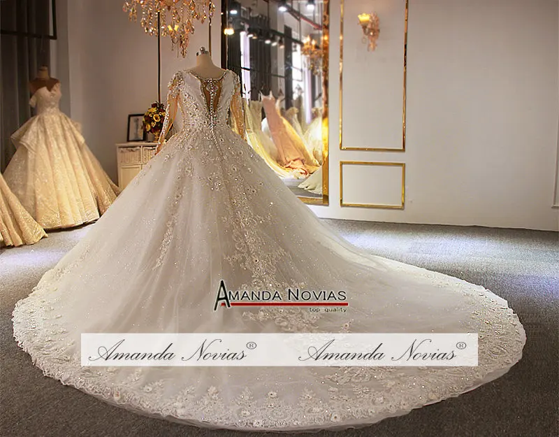 Heavy beading ball gown wedding dress custom order sizes with long sleeves bridal dress