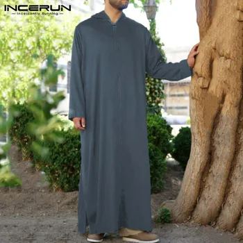 

INCERUN Muslim Clothing Men Jubba Thobe Solid Hooded Long Sleeve Robes Dubai Saudi Arabia Islamic Kaftan Men Retro Thobes Abaya