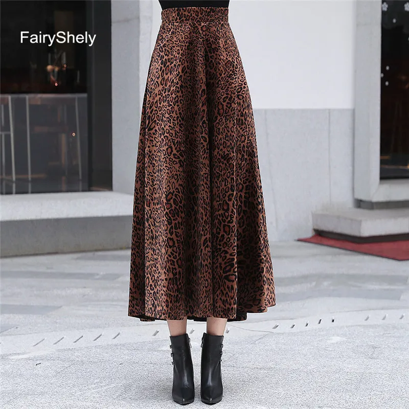 FairyShely юбка женская осень зима размера плюс 2XL элегантный корейский стиль Мода Высокая талия длинная леопардовая юбка для женщин