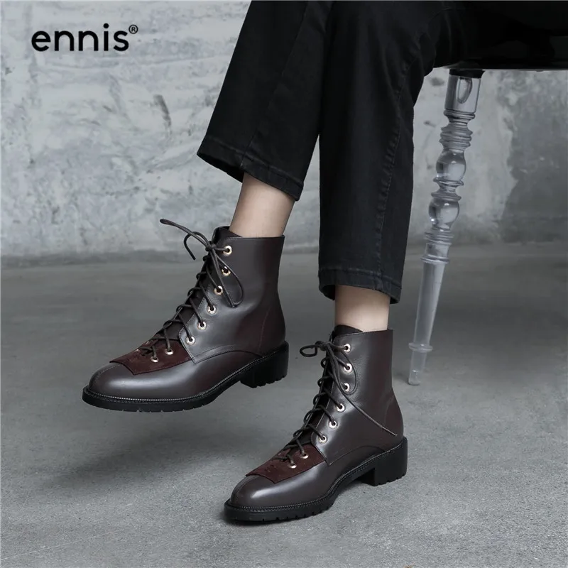 ENNIS/; дизайнерские кожаные Ботинки martin; женские ботильоны на шнуровке; обувь на низком квадратном каблуке; женские черные ботинки; сезон осень; Новинка; A9169