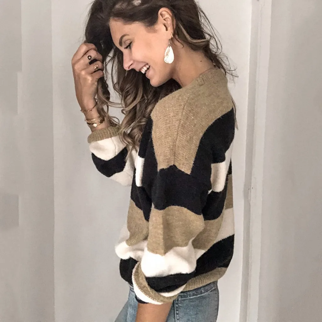 Womail, полосатый принт, сшитый, Повседневный, Джерси, mujer invierno, зимний, модный, Вязанный свитер, топы с круглым вырезом, свободный, для женщин, nouveaute