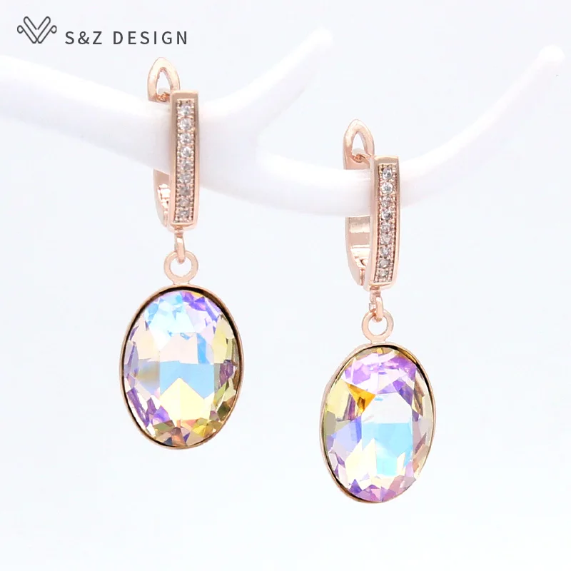 S&Z DESIGN New Fashion Egg Shape Oval Crystal Dangle Earrings For Women Wedding Classic 585 Rose Gold Color Jewelry