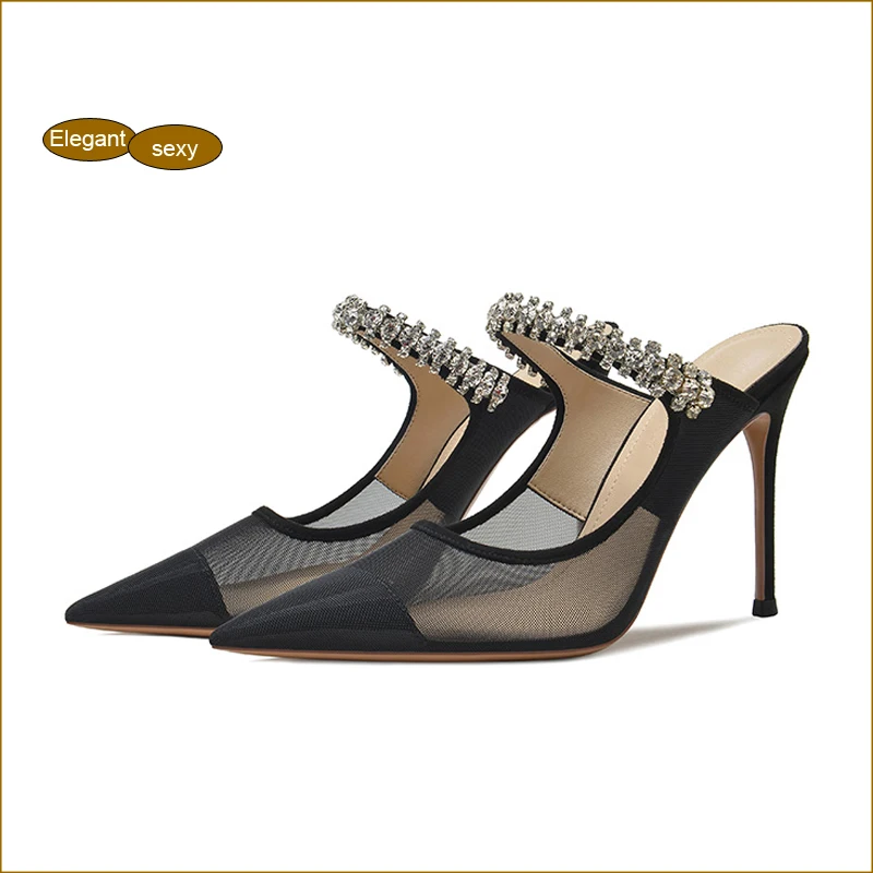 

Elegant Sexy See Through Mules Sandals Women New Fashion Diamond Pointed High Heel Pumps Summer Breathable Mesh Sheep Skin Shoes