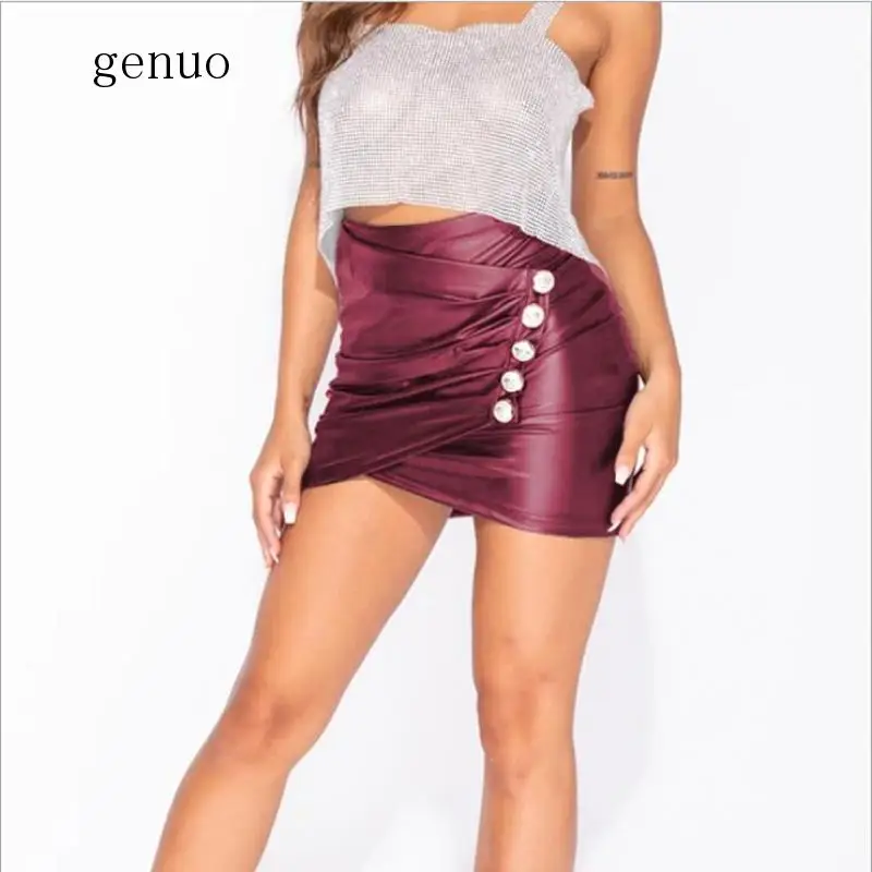 

Искусственная кожа короткие женские юбки пикантные однотонные, на пуговицах и молнии, обтягивающая юбка-карандаш с мини-юбки женские туфли с широко открытым носком, фасон с запахом юбка Falda Mujer