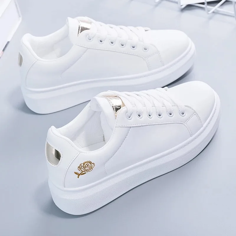 Zapatos blancos con cordones para mujer, Tenis femeninos de piel sintética de Color sólido, zapatillas informales para mujer 2021