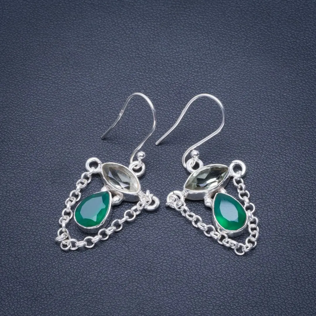 

Natural Chrysoprase and Green Amethyst Handmade Unique 925 Sterling Silver Earrings 1.5" B2745