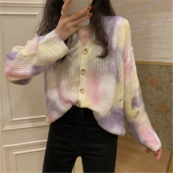 

Hollow Loose V-neck Thin Women's Sweater With Tie-dye Cardigans For Female Knitted Jacket Sweet All-match Cardigans Fall