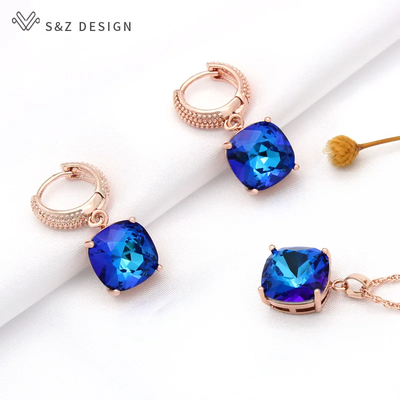 S&Z DESIGN New Fashion Temperament Colorful Square Crystal Dangle Earrings Jewelry Sets For Women Wedding Pendant Necklace Gift