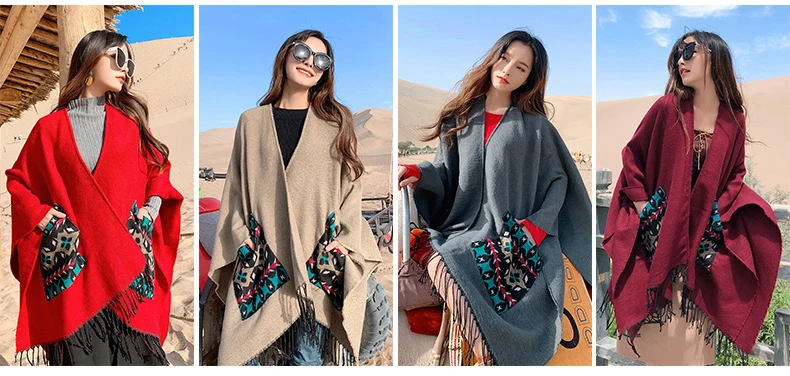 Autumn Winter Scarf Poncho Imitation Cashmere Thick Warm Tassel Pocket Cloak Oversized Travel Shawl Mantle Women Scarves