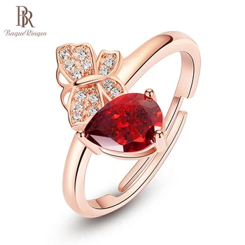 

Bague Ringen Silver 925 Ring for Women Fine Jewelry with Gemstones Rose Gold Color Water Drop Shaped Ruby Accessory Butterfly