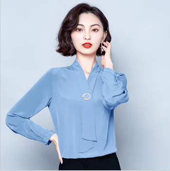 

C027# Spring and summer silk satin 2020 long sleeve niche temperament shirt streamer professional loose V-neck top,