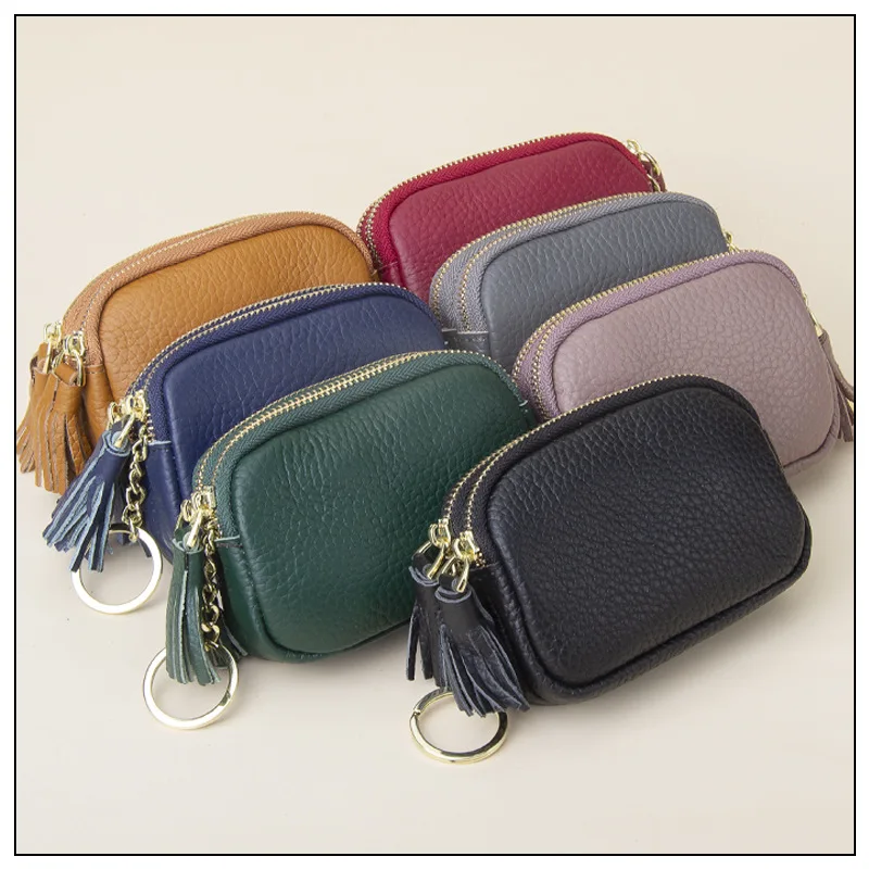 Genuine Leather Women Coin Purse Double Zipper Small Purse Wallet with Keyring Coin Storage Bag Kids Purses Tassel Change Pouch