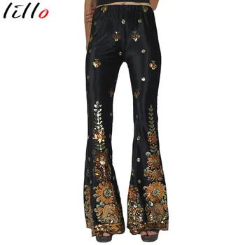 

Sequin Wide Leg Pants Women Color Block Patchwork Floor-Length Stretch Stylish Super Flattering Cut Gorgeous Streetwear Trous