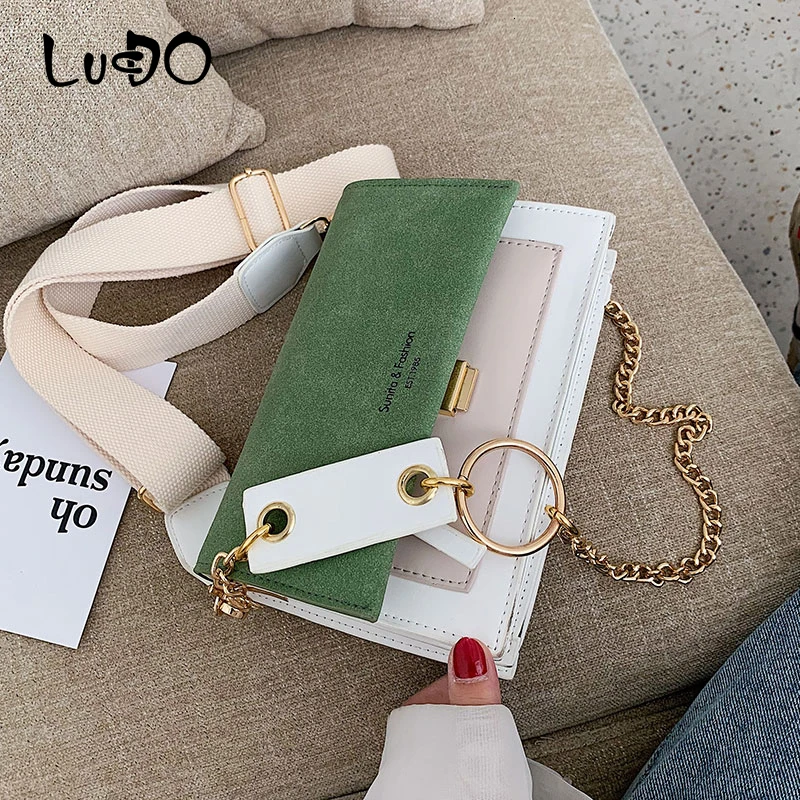 LUCDO New Wide Strap Shoulder Square Sling Bag Scrub Leather Contrast Color Crossbody Bags For Women Handbags Cross Body