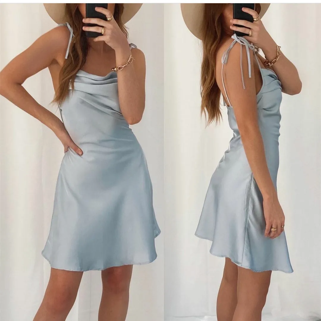 

Elegant Satin Cowl Neck Evening Dress Spaghetti Short Knee Length Abendkleider Prom Robes de Soirée Dress вечерние платья
