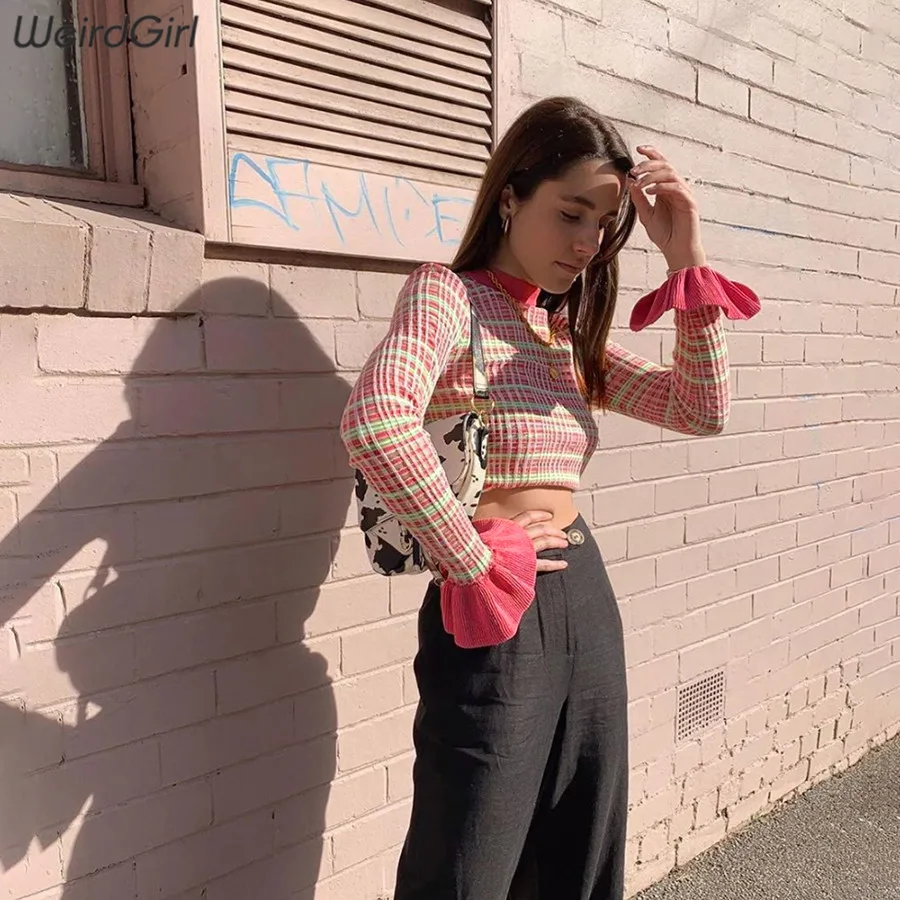  Weirdgirl women fashion plaid sweatshirts butterfly sleeve o-neck autumn new female streetwear pull