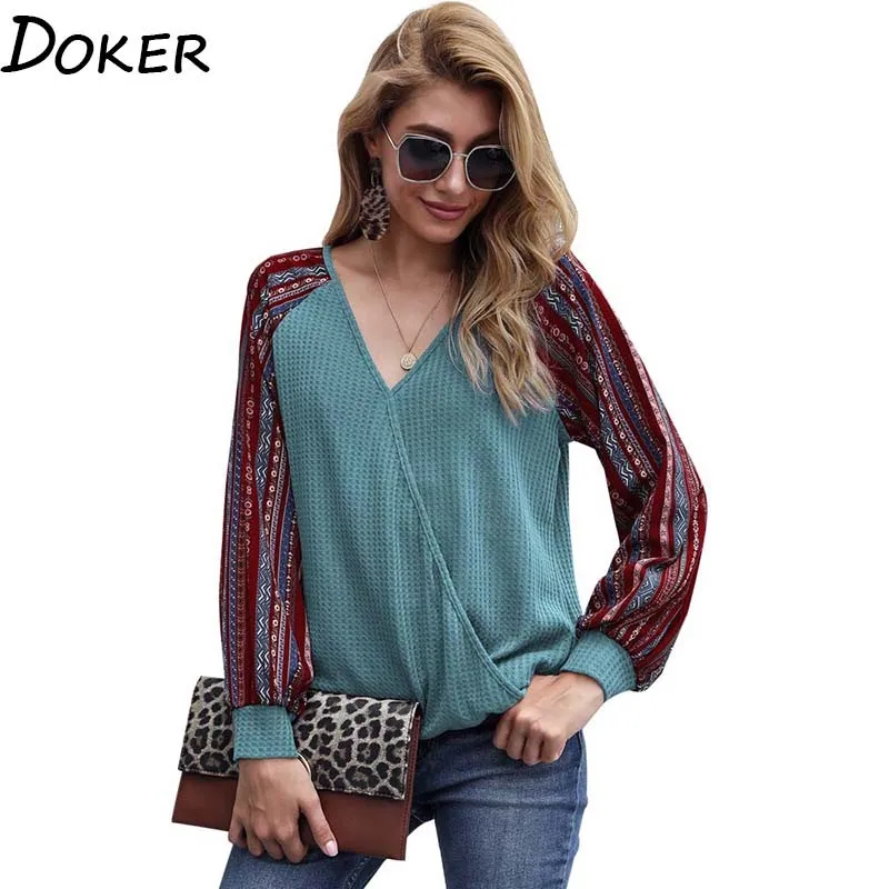 Женская блузка с длинным рукавом принтом v-образным вырезом свободного покроя
