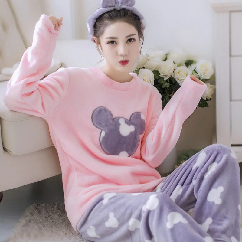 2pcs Pijamas Suit Cartoon Coral Pajamas Set Long Sleeve Women Cute Shirt&pant Sleep Set Winter Flannel Nightwear Girl Nightgown - Цвет: Style 2