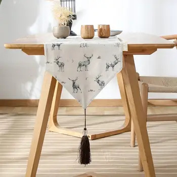 

1pcs Deer Pattern Cotton Fabric Tassels Table Runner Camino De Mesa Table Runners Modern Chemin De Table Mariage Home Textile