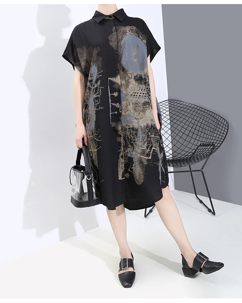 New Fashion Painted Style Black Vintage Shirt Dress